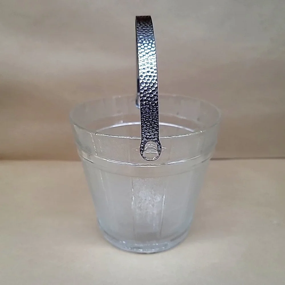 Vintage Textured Clear Glass Keg Barware Ice Bucket w/Hammered Handle & Tongs